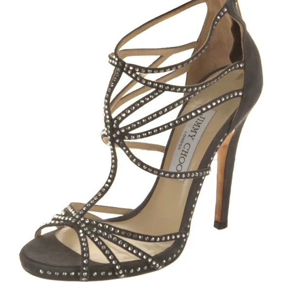 Jimmy Choo Gray Leather Vendetta Crystal Embellished Strappy Heel Sandals - Picture 4 of 11